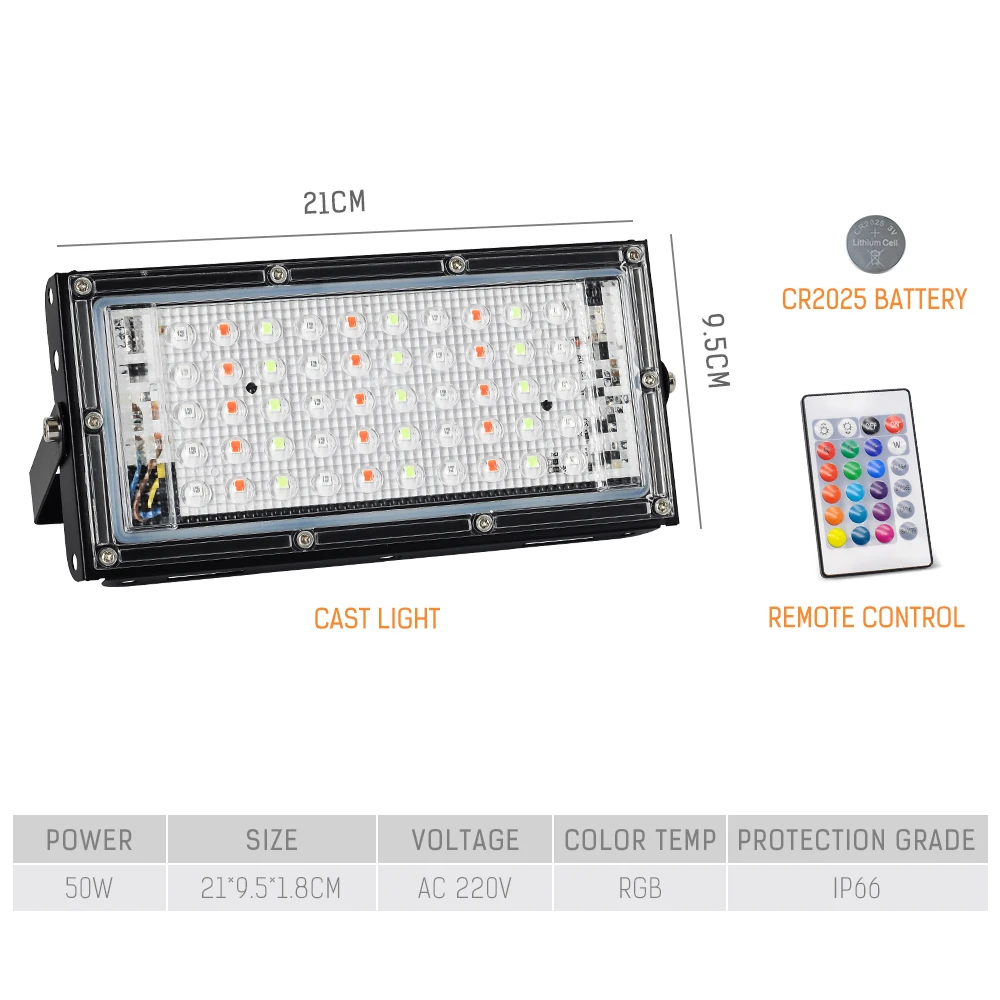 NEW AC220V 50W LED Floodlight Spotlight Cast Lamp LED Flood Light RGB Colors Outdoor Waterproof Black Iron Garden 80 -10 - 50