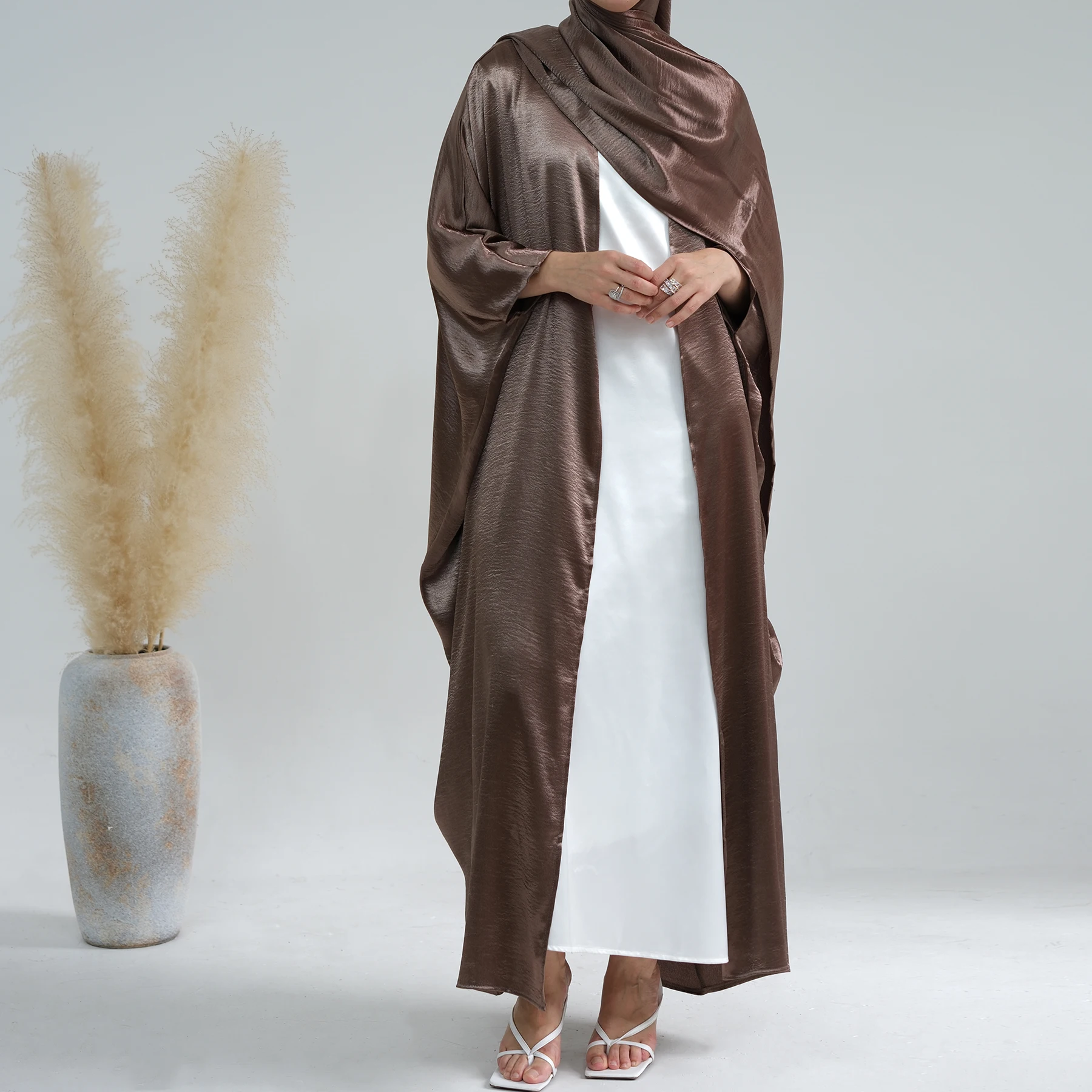 Loriya islamic clothing Women Cardigan Kimono Abaya Dubai Modest Dresses Hijab Dress 2pc set Butterfly Satin Front Open Abaya