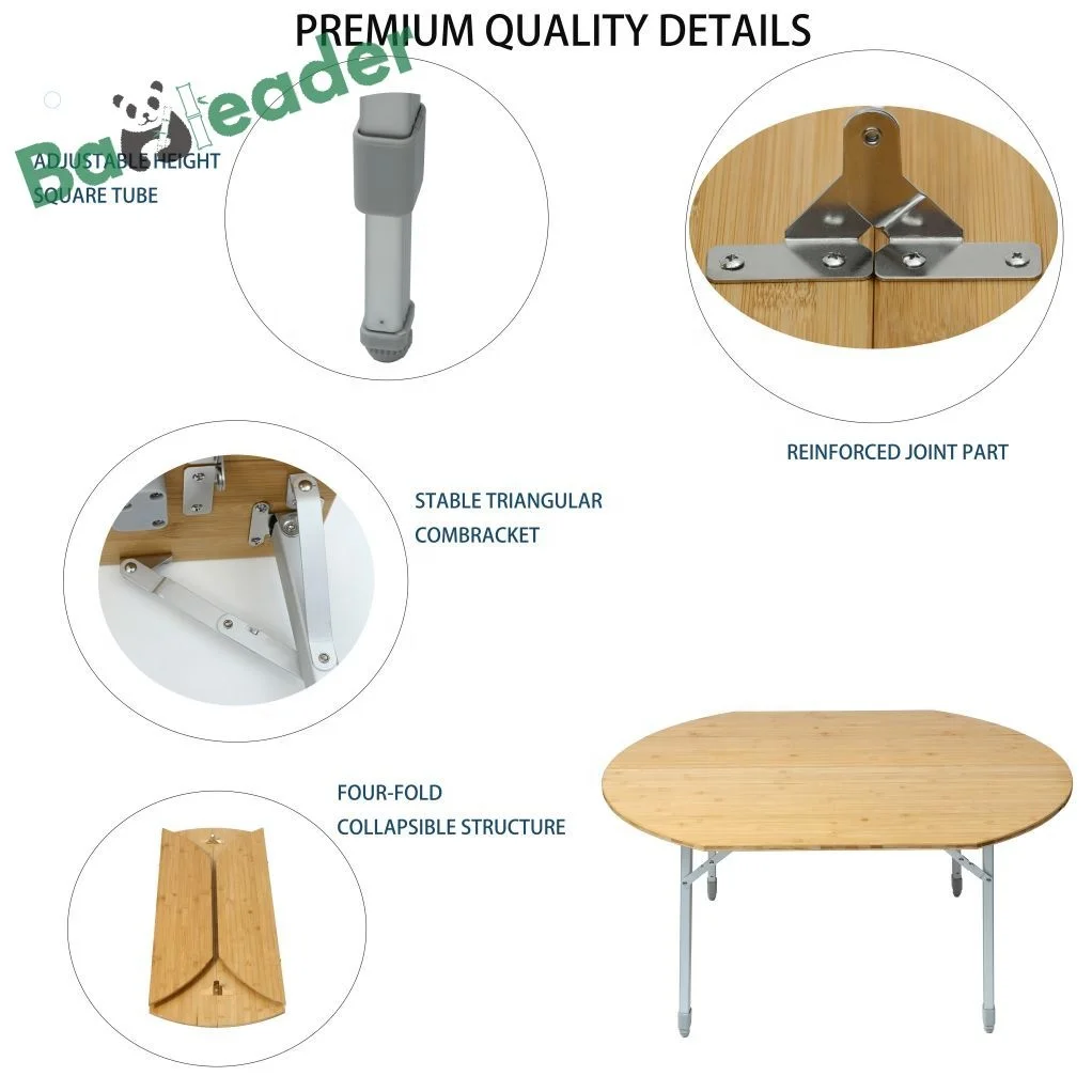 4-Fold Portable Bamboo Wood Camp Table Adjustable Height Bamboo Foldable Table with Aluminum Leg for Indoor Outdoor Activities