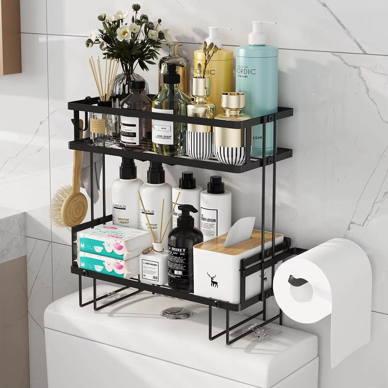 CF BSM0646 No Drilling Design 2-Shelf Hanging Bathroom Organizer Over The Toilet Storage Rack with Hooks & Adhesive Base