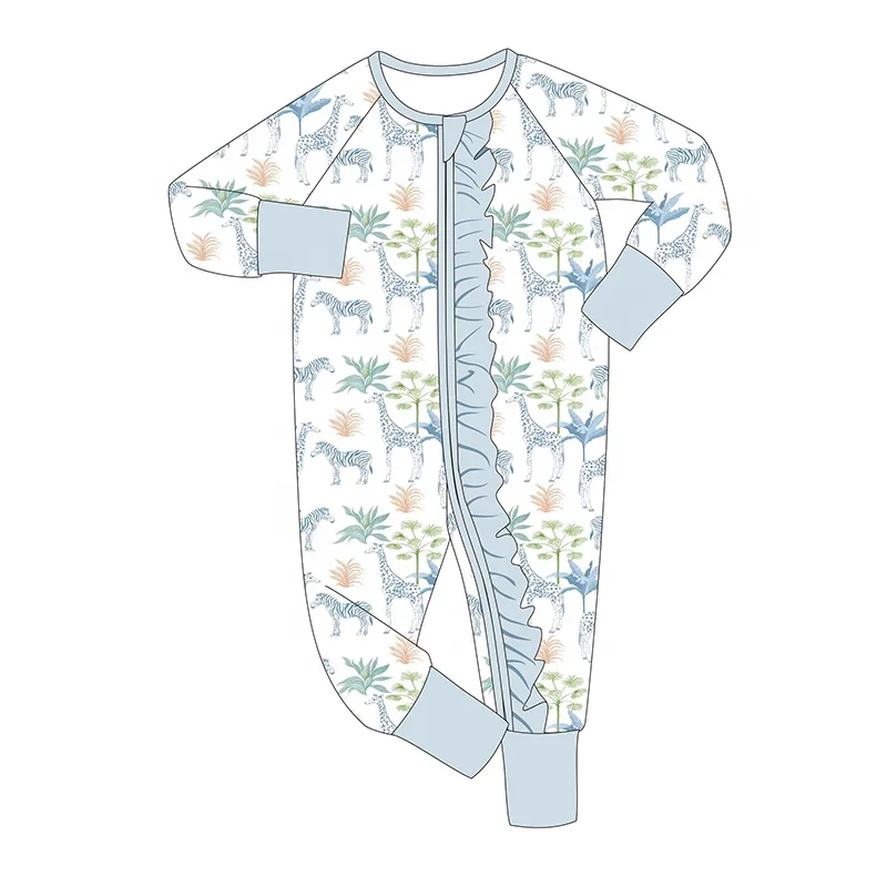 Professional Wholesale Price Custom Infant Baby Girl Romper Jumpsuit with Long Sleeve Ruffles 95% Bamboo and 5% Spandex 2Zippers
