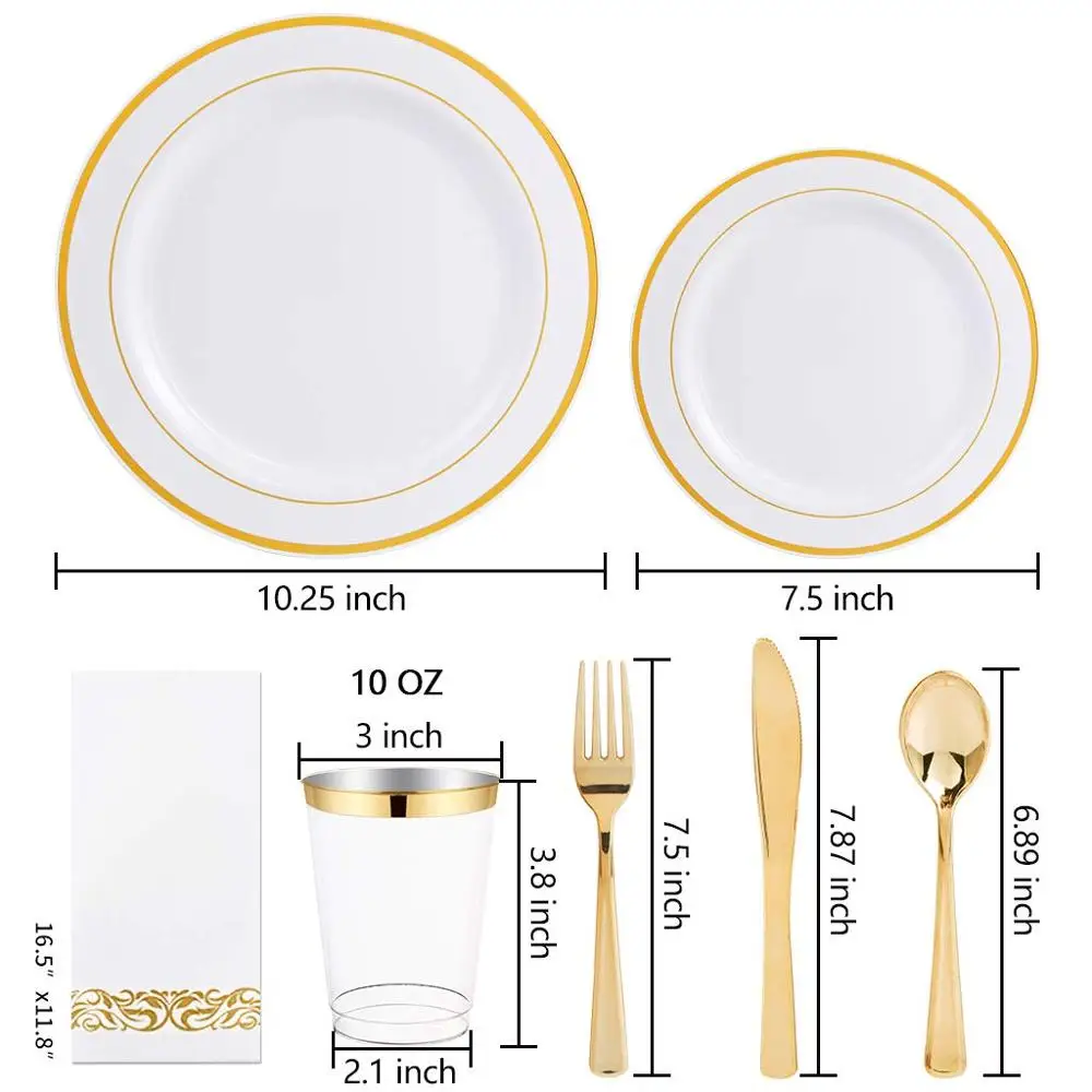 Gold Plastic Plates with Disposable Cutlery, Cups, Napkins Dinnerware sets for Wedding Parties