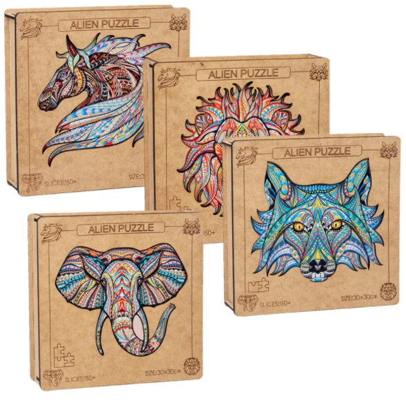 New shape  hot selling 3D wooden animal puzzles Creative Animal Jigsaw puzzle toys Wooden 3D animal puzzle lion tiger wolf