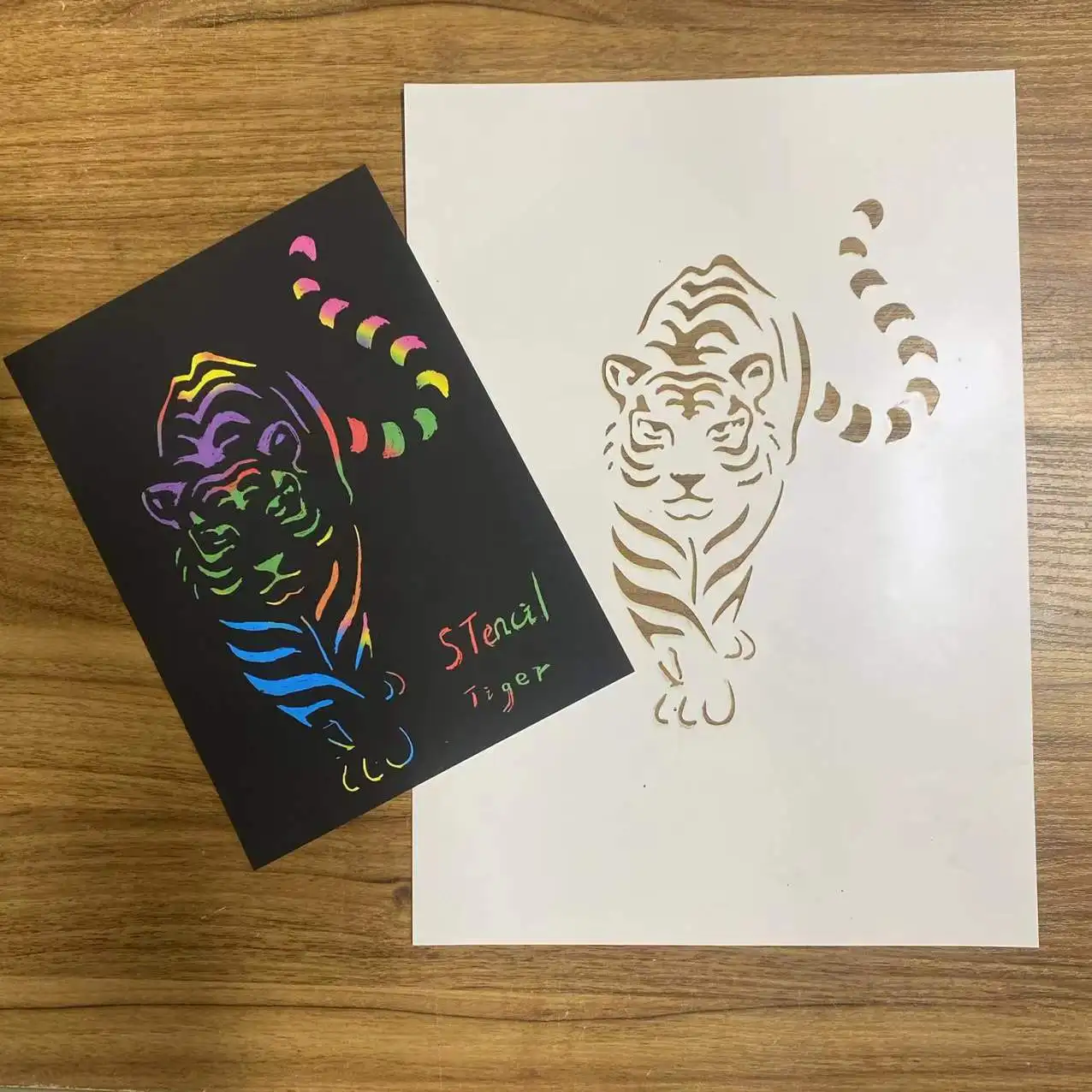 Tiger animal stencil scratch paper template drawing for kid education draw art game diy handmade painting picture
