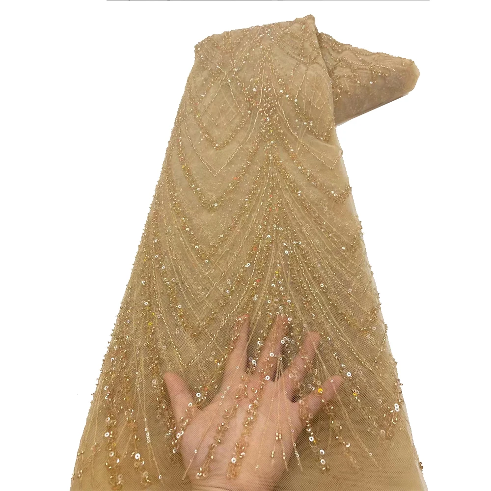 NI.AI Baby Pink Sequins French Lace Fabric With Sequence And Embroidered High Quality Beaded Lace Fabric For Women Party Dress