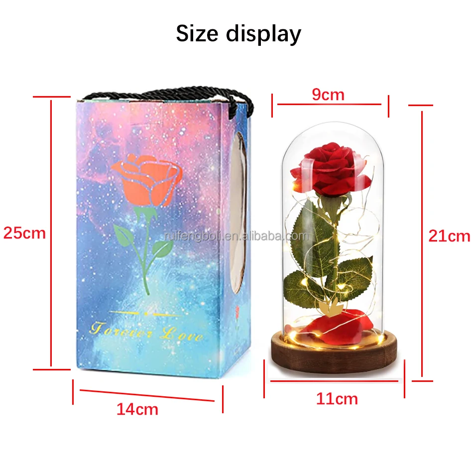 oem high quality competitive price enchanted eternal rose glass set preserved flower red rose with led lights in a glass dome