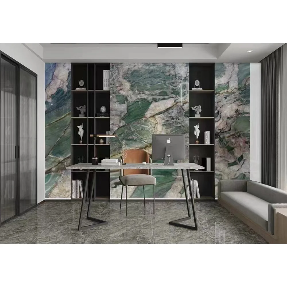 Backlit Royal Green with white crystal veins Quartzite for slab & tile for countertops and stairs step or fireplace from china