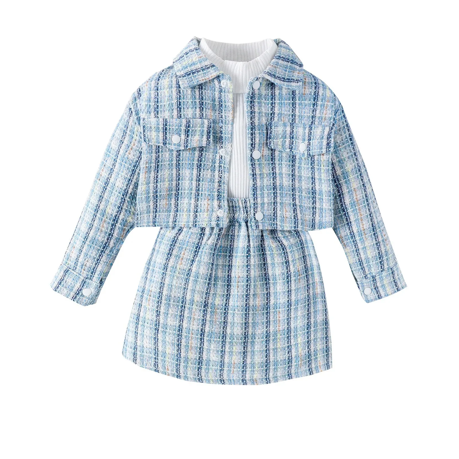 Custom 3-7Yrs Children Girls Plaid Outfits Long Sleeve Coat +Turtle Neck T-Shirts Tops Skirts 3Pcs Autumn  Infant Kids Clothing