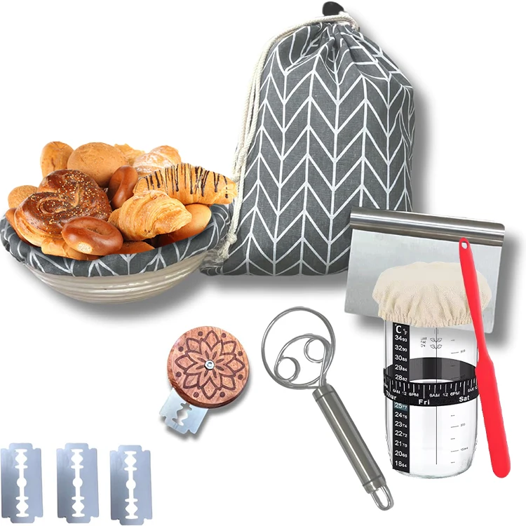Hotting sale 9 inch round banneton bread proofing basket kitchen rattan sourdough bread starter jar kit
