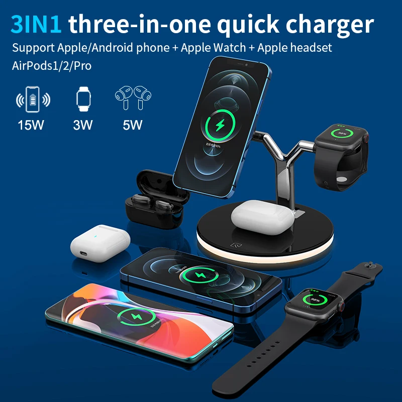 
Amazon Hot selling Magnetic Wireless Charger 7.5W 10W 15W 3 IN 1 Wireless Charging Stand For iPhone 12 Pro Samsung Fast Charger 