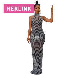 H7541 - High Quality Casual Fashion Bodycon Rhinestones Sleeveless Long Dresses Women