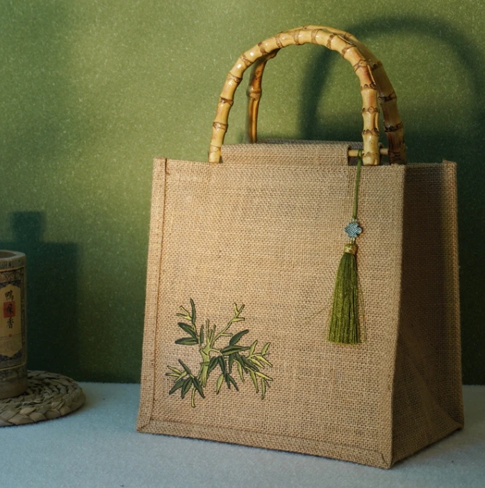Linen Handbag Wholesale High-grade Gift Antique Shopping Burlap Bag Custom Cotton Jute Bag With Bamboo Handle Sack