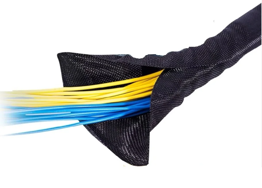 black self-closing braided wire loom / self closing cable wrap braided sleeve
