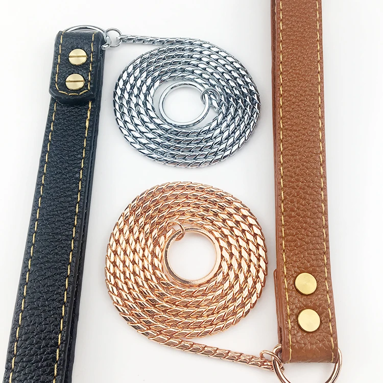 Luxury Custom Stainless Steel Dog Leash Rose Dold Snake Chain Pet Training Leash Four Color With PU Handle