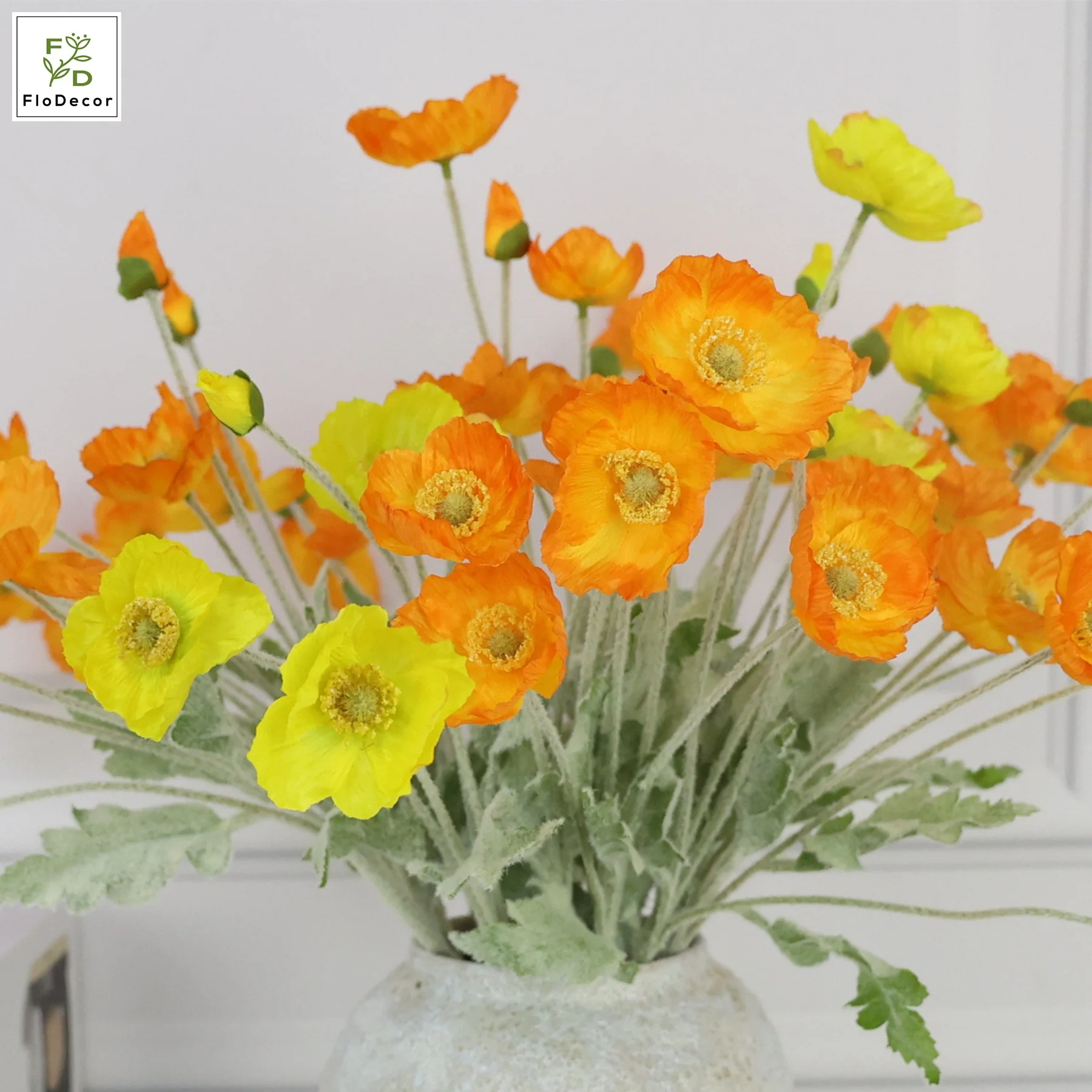 Artificial Silk Poppy Flower Flocked Stem Foldable Home Decoration Table Center Piece Wedding Pink Red Orange Cream