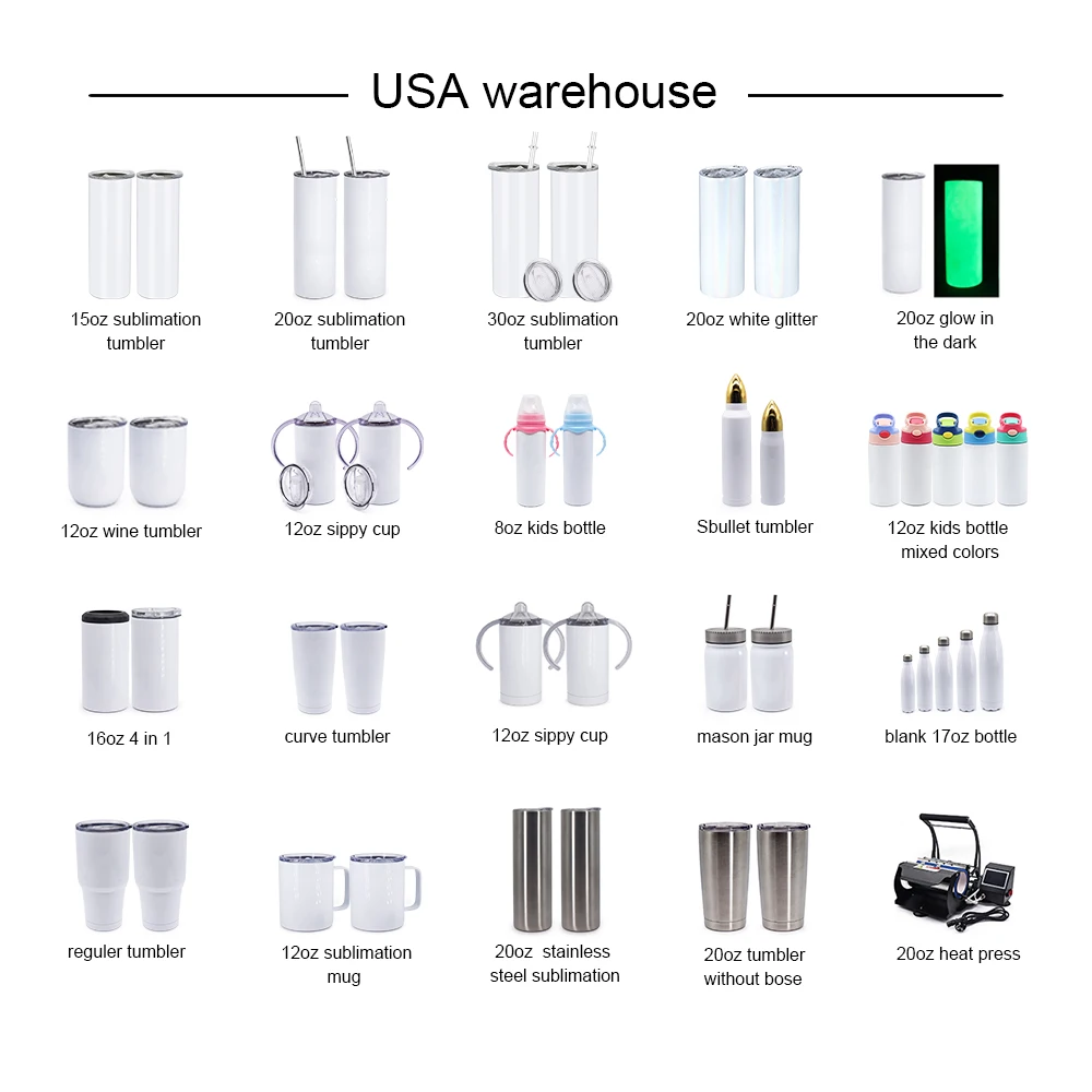 us warehouse Double Wall 15oz 20oz 30oz stainless steel sublimation blanks skinny tumbler straight with straw
