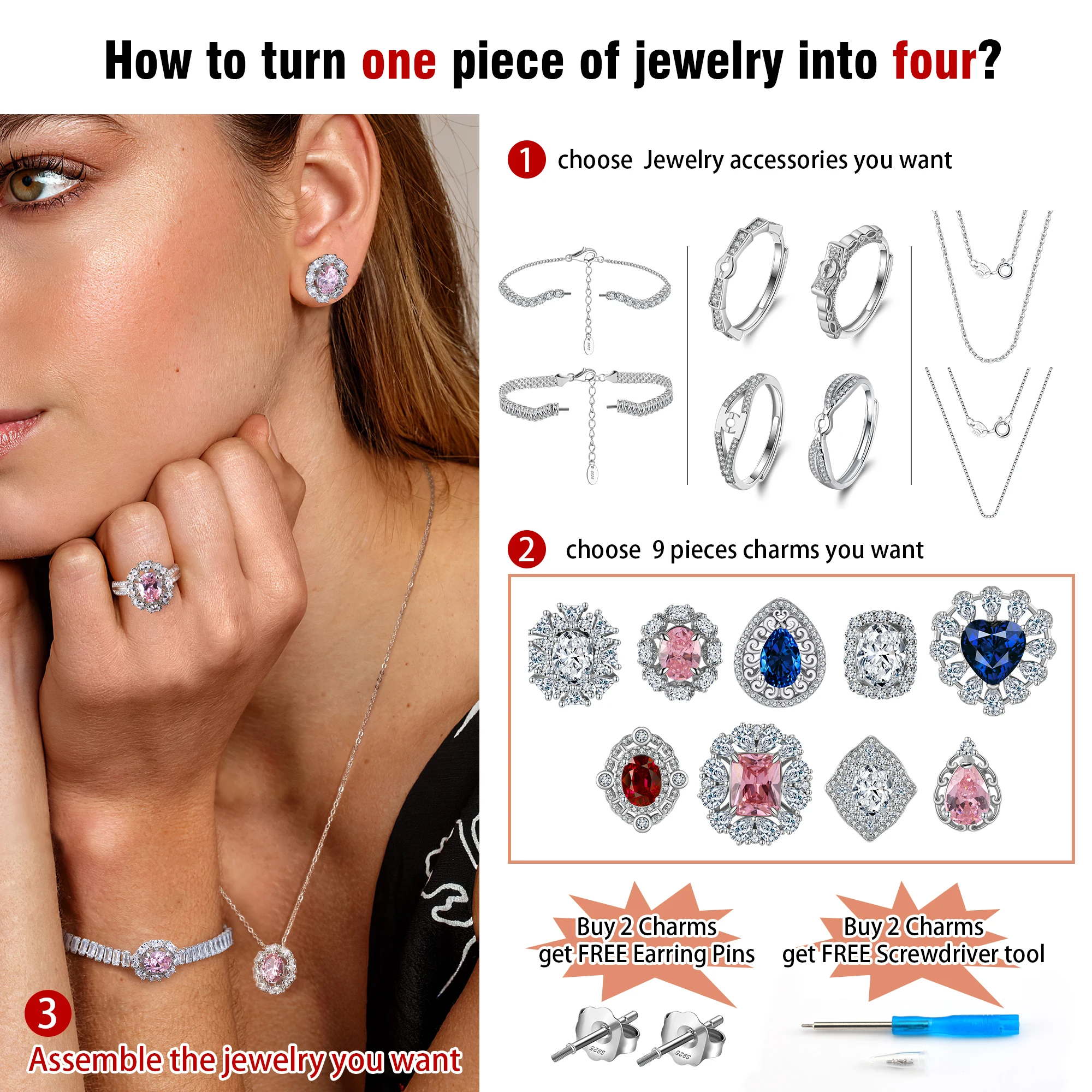 LM-1 RINNTIN 925 Sterling Silver High Quality Cubic Zircon Detachable Charms For Necklace Ring Earrings