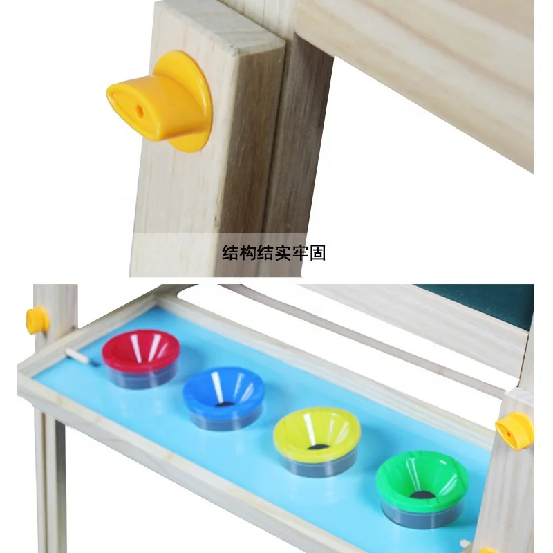 Early childhood double side chalkboard wooden art easel sets height adjustable standing easel magnetic white board painting toy