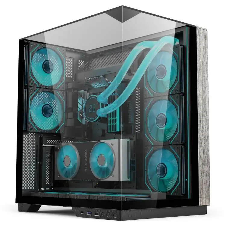 new design dual chamber atx mid-tower high airflow perforated top panel tempered glass pc computer gaming case tower cpu casing