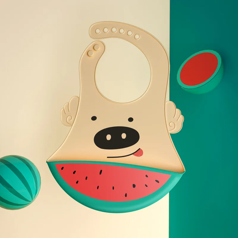 Newest Cute Cartoon Printing Food Grade Nylon Silicone Bib Waterproof Baby Bibs Food Catcher Splicing Silicone Bib