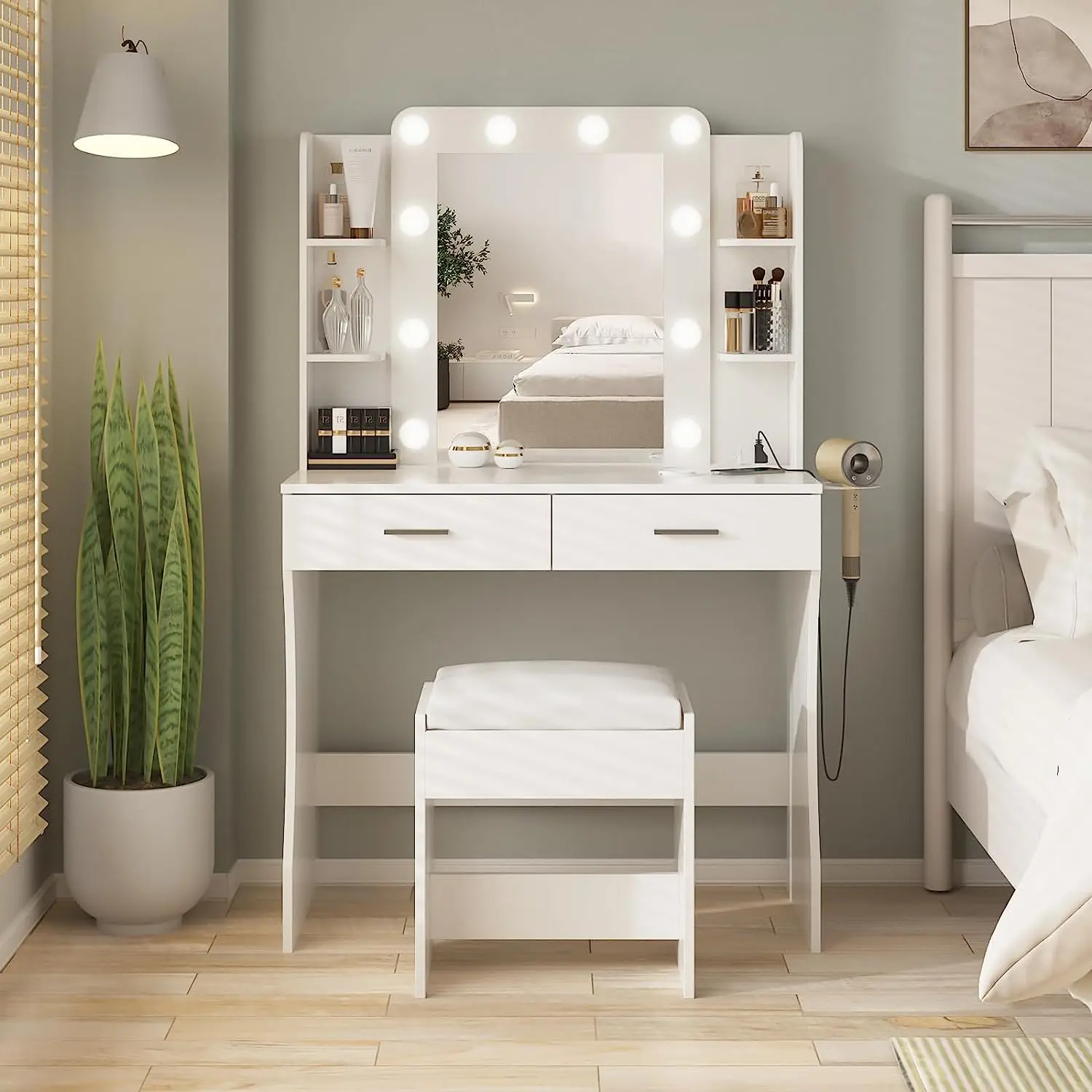 White Drawer Bulb Stool Vanity Rotate Bedroom Furniture Dresser Custom Dressing Table Mirror Makeup With Led Lamp And Chair