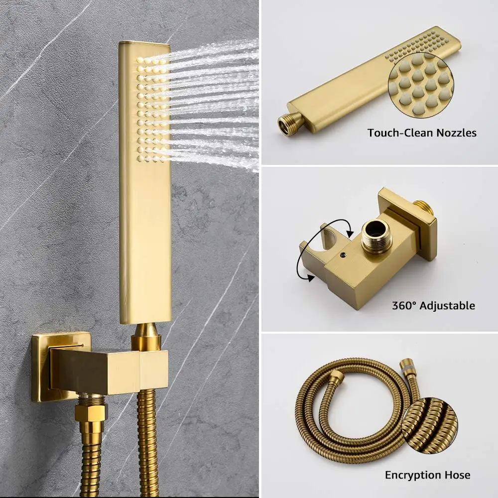 Brushed Gold Wall Mounted Concealed Thermostatic Luxury Rain Mixer Shower Set Rainfall Shower Head Gold For Bathroom