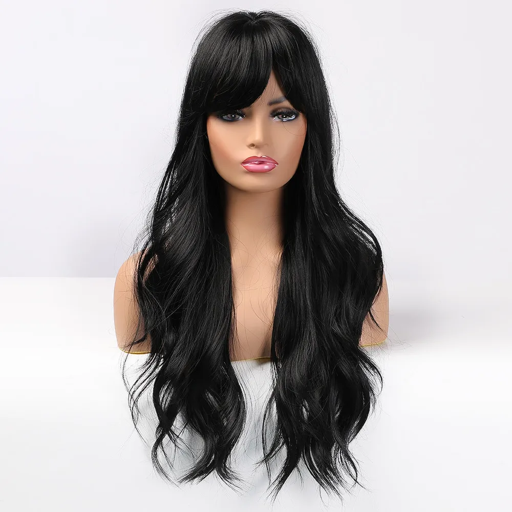 Long Black Wigs Cosplay Body Wave Synthetic Wigs with Bangs For White/Black Women Brazilian American Natural Hair