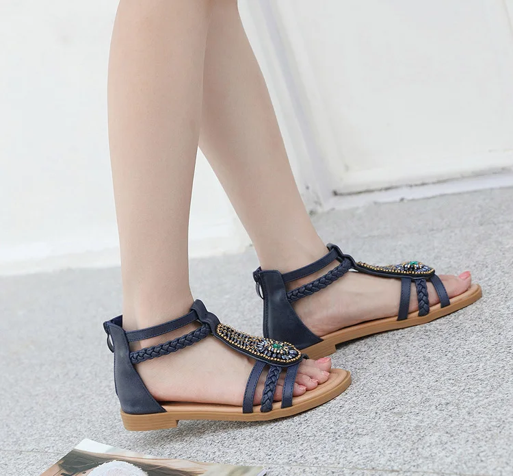 Fashion design ladies Bohemian style retro Beaded Zipper Rhinestone flats Sandals women sandals wholesale women casual sandals