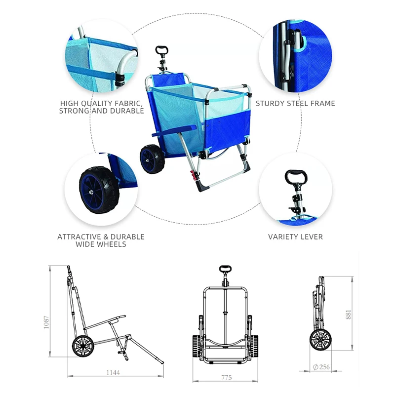 150kgs Tool Trolley Wagon Beach Trolley Cart with 4 Balloon Beach Wheels Folding Camping Fishing Chair Beach DAY Lounger Metal