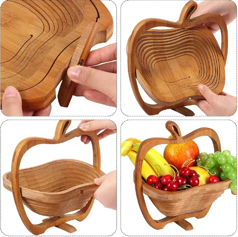 Collapsible Bamboo Fruit Basket Dried Fruit wooden Basket bamboo food Tray Turns into Wooden Snack basket