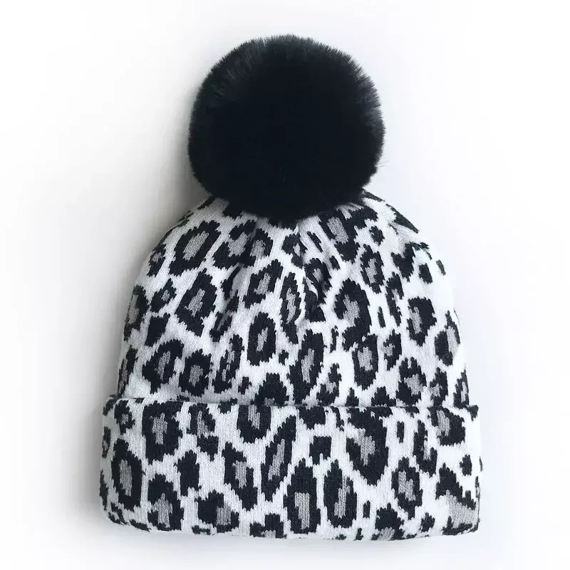Wholesale New Lady Cheetah Leopard Pom Pom Knitted Hat Fashion Women Kids Winter Hats Toddler Kids Baby Beanies