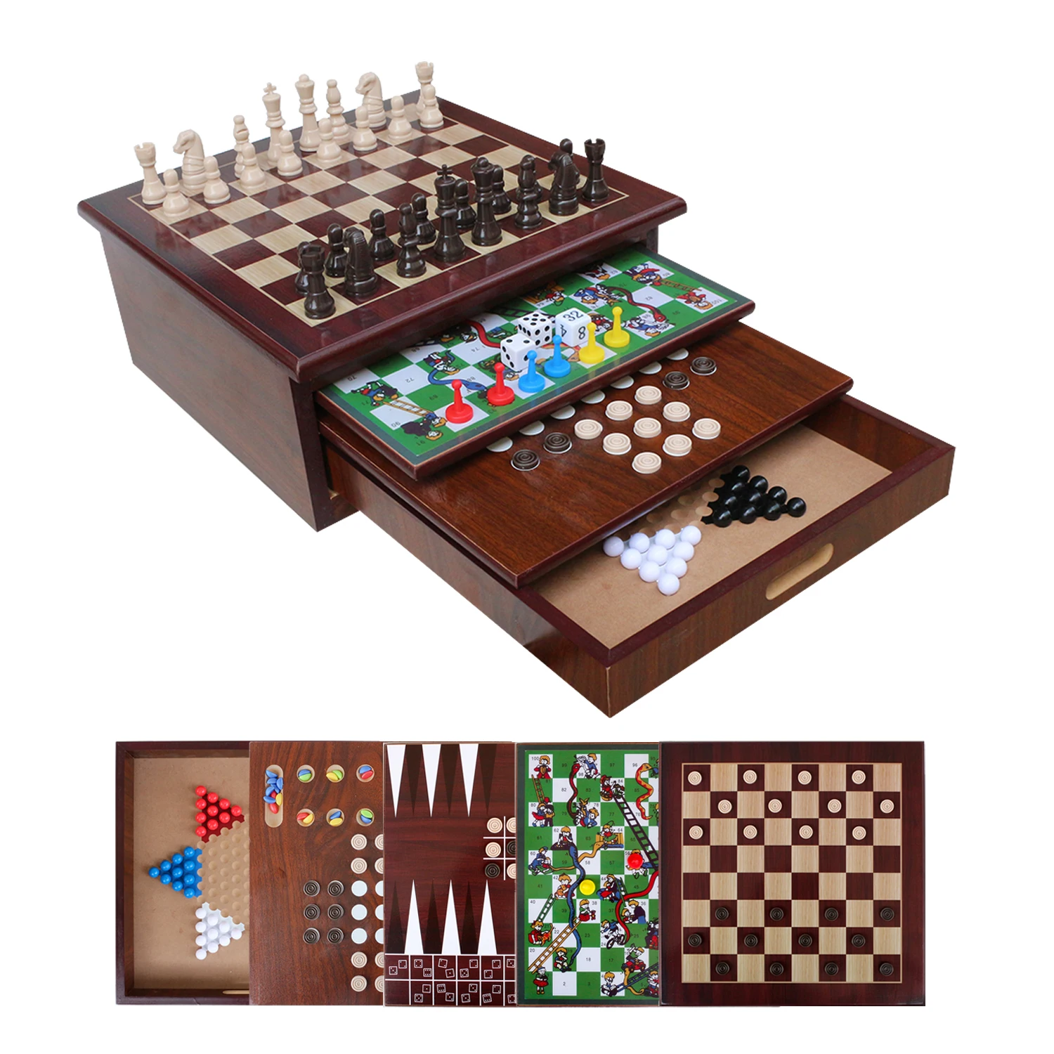 Board Game Set Deluxe 10 in 1 Tabletop Wood accented Game Center Tic Tac Toe Solitaire Snakes and Ladders Mancala Backgammon