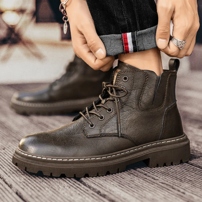 High top English style casual leather boots Leather outdoor retro waterproof fashion all-in-one wear-resistant platform boots