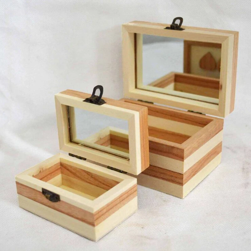Vintage Wooden Gift Empty Box With Transparent Glass Lid Wooden  Gift Storage Box