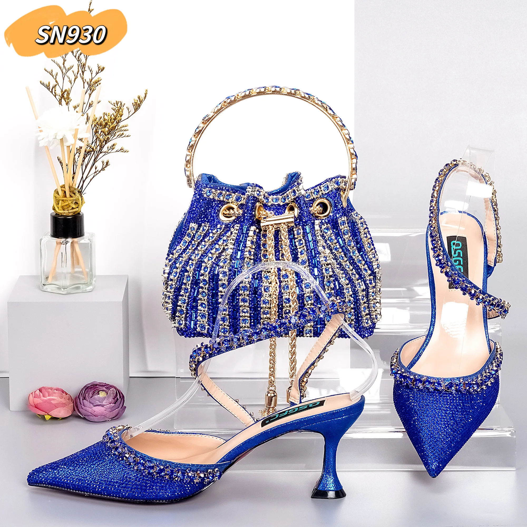 Royal blue Italian Decorated With Crystal Shoes And Bags Set Hot Selling African Woman Shoes And Bag To Match Set For Big Party