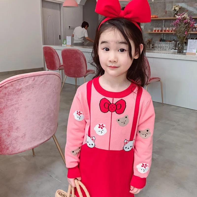 
New Europe and the United States autumn baby girl knitted pattern dress cartoon wool dress OEM 