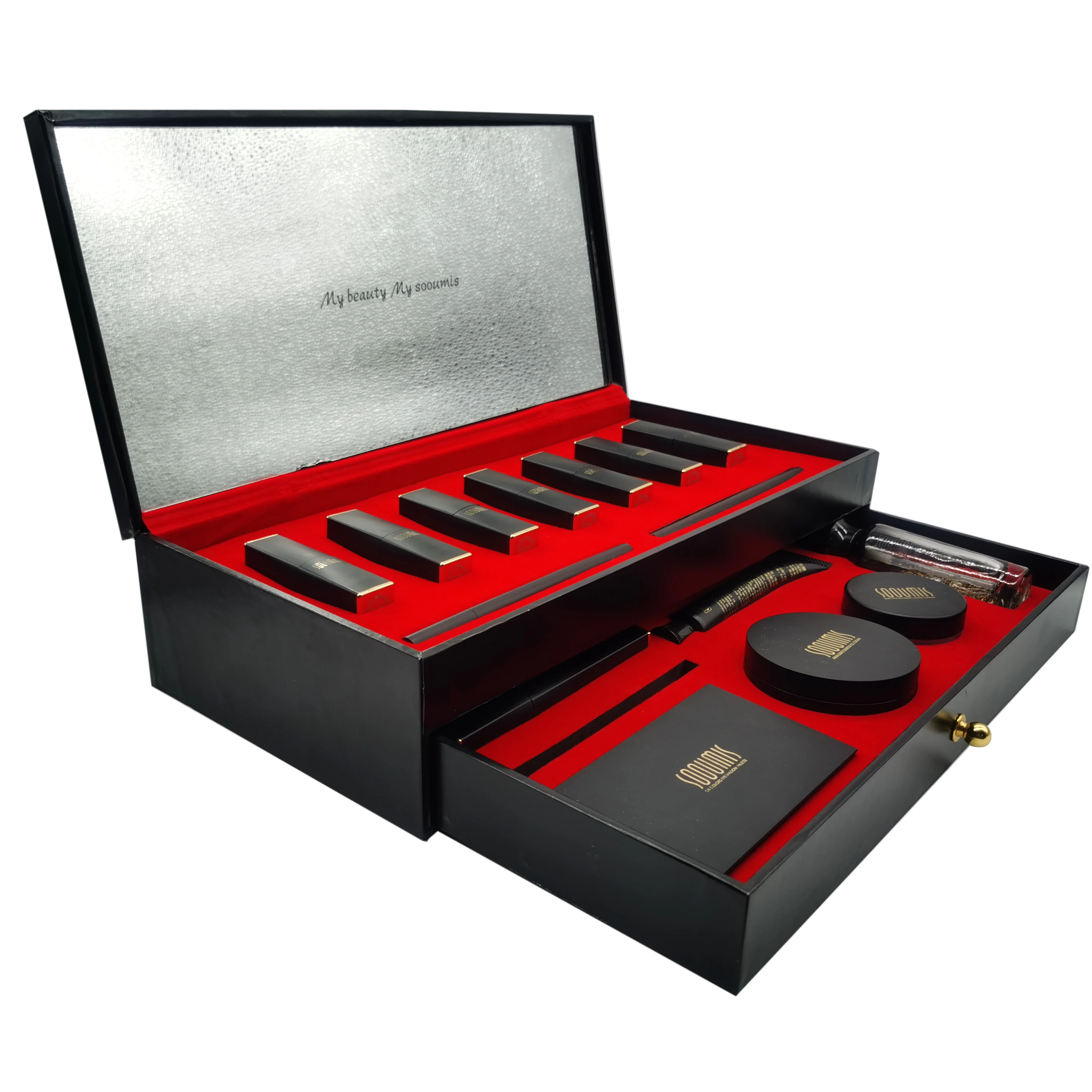 Custom Hard Case Black Double 2 Layer Drawer Rigid Lipstick And Cosmetic Set Gift Packaging Box