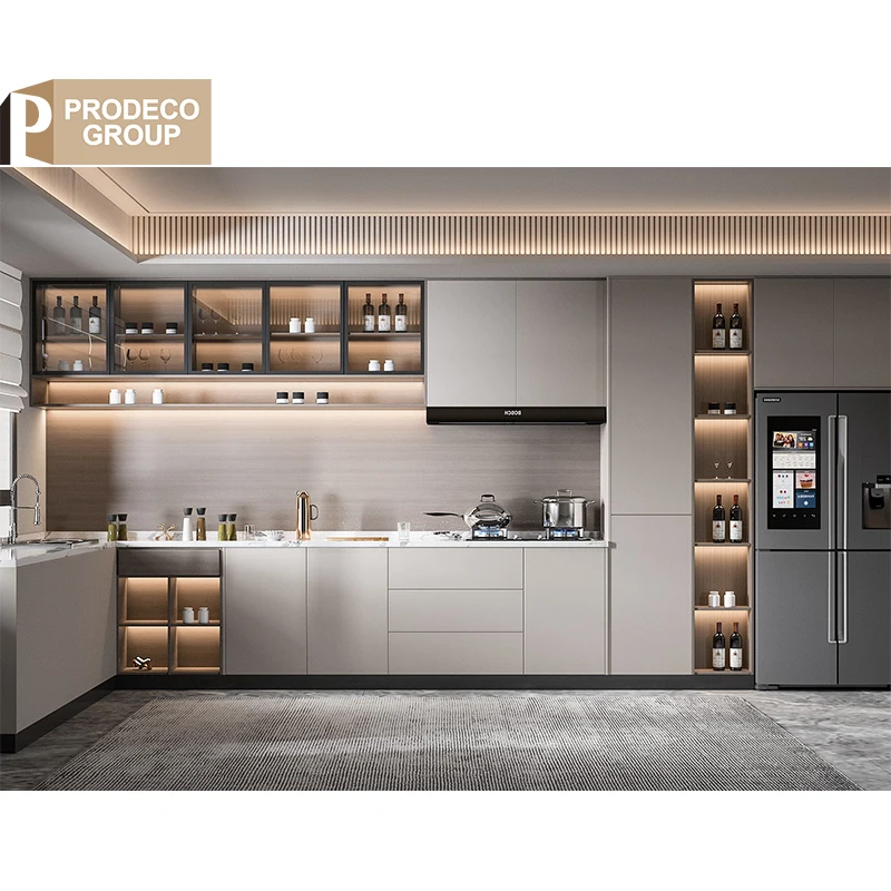 Prodeco Furniture Nigeria MDF High Gloss Lacquer Price Modern Kitchen Cabinet with Handles and Grey Black Doors for Project