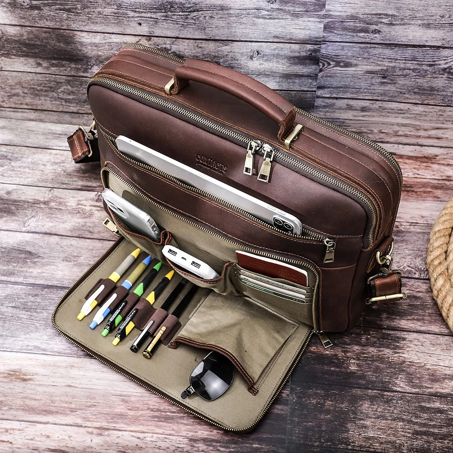 16 inch Vintage School College Messenger Bag Men Office Briefcase Travel Business Genuine Leather Laptop Bag Men