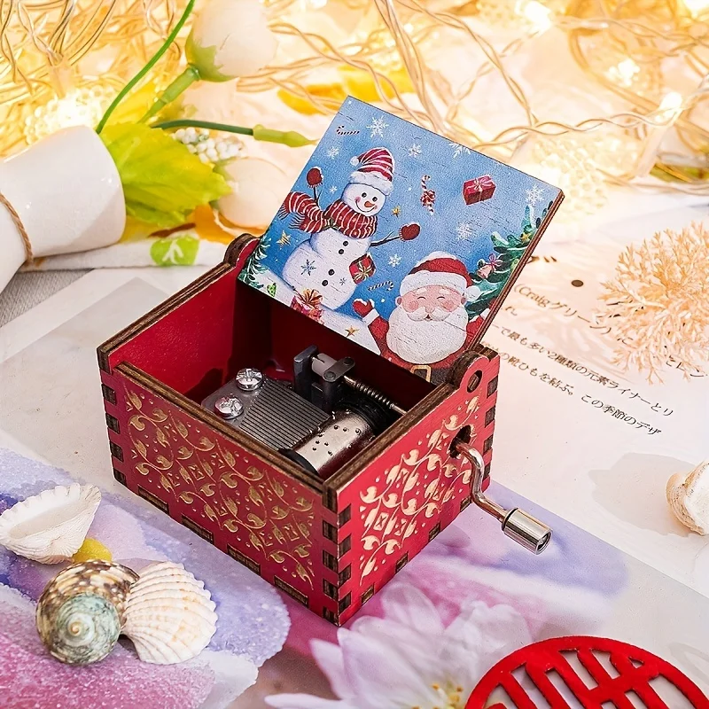 Wooden hand-cranked music box Merry Christmas music painted music box ornaments exquisite gifts home decorations