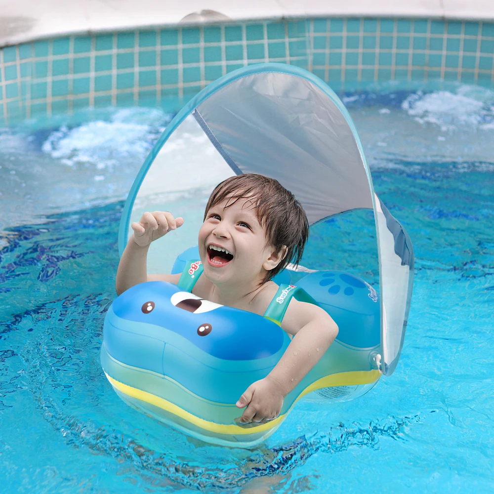 Swimbobo Good Quality Products Maximum Diameter Swimming Blue Bear Inflatable Ring Baby Pool Float Swim Ring With Canopy