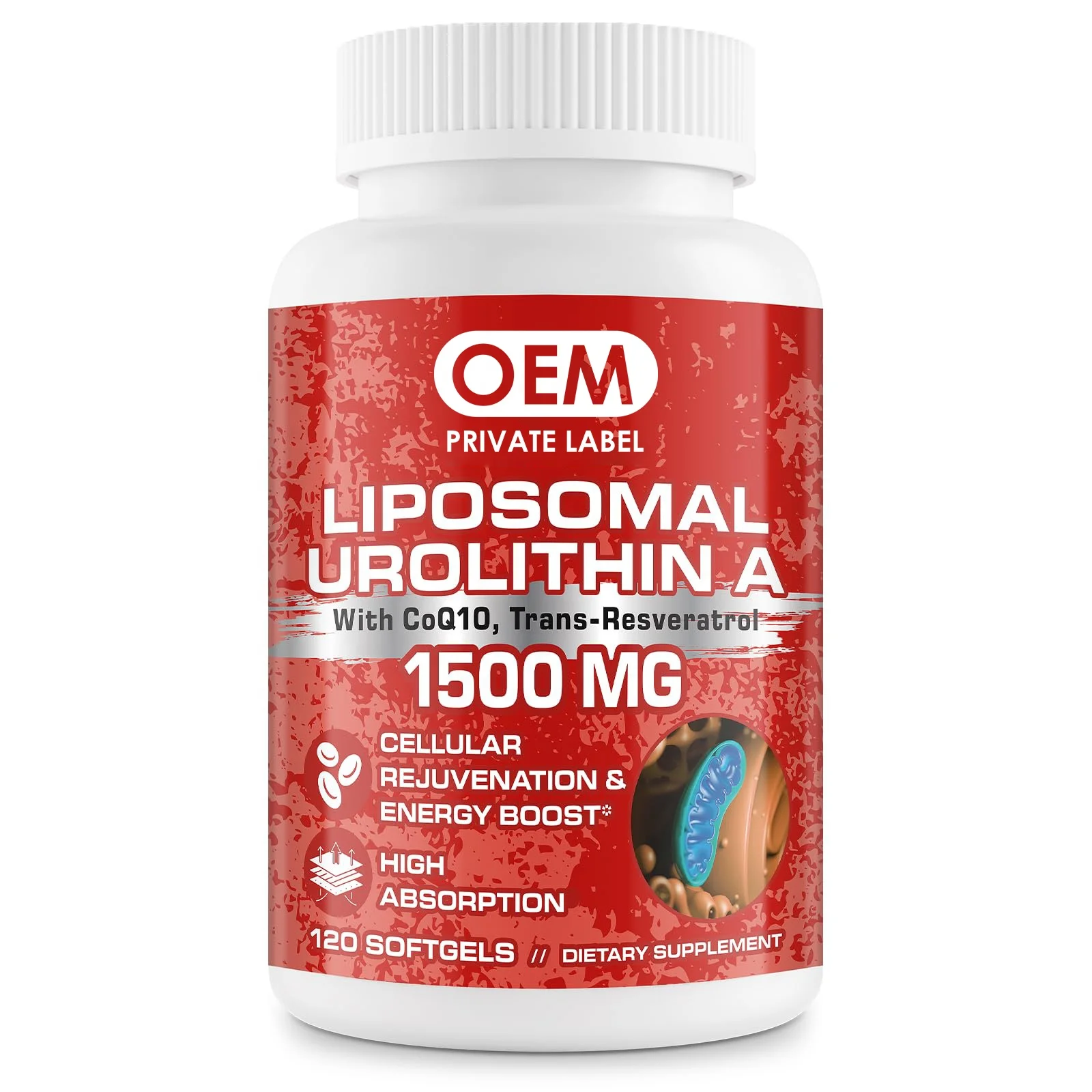 OEM Liposomal Urolithin A Capsules 1500mg with CoQ10 Resveratrol Capsules Antioxidant Supplement Powerful NAD+ Boost Urolithin A