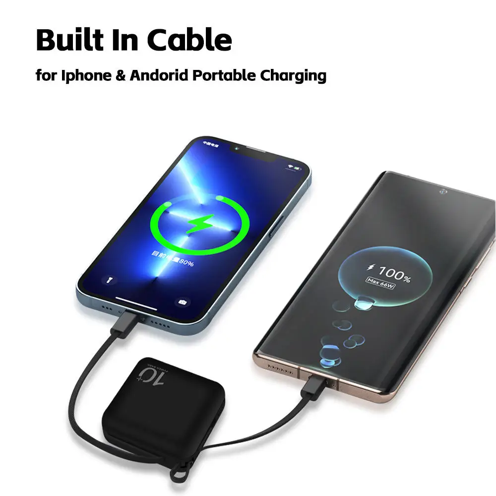 Factory Mini External Battery Phone Charger Pack 5000mAh 10000mAh Built in Cable for phone Portable Charging Power Bank
