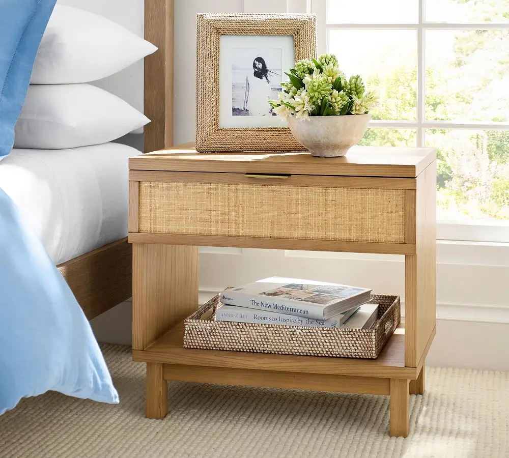Boho Accent Bedside Table Solid Wood Drawers Storage Woven Vintage Side Tables Rattan Westly Cane Nightstand for Bedroom