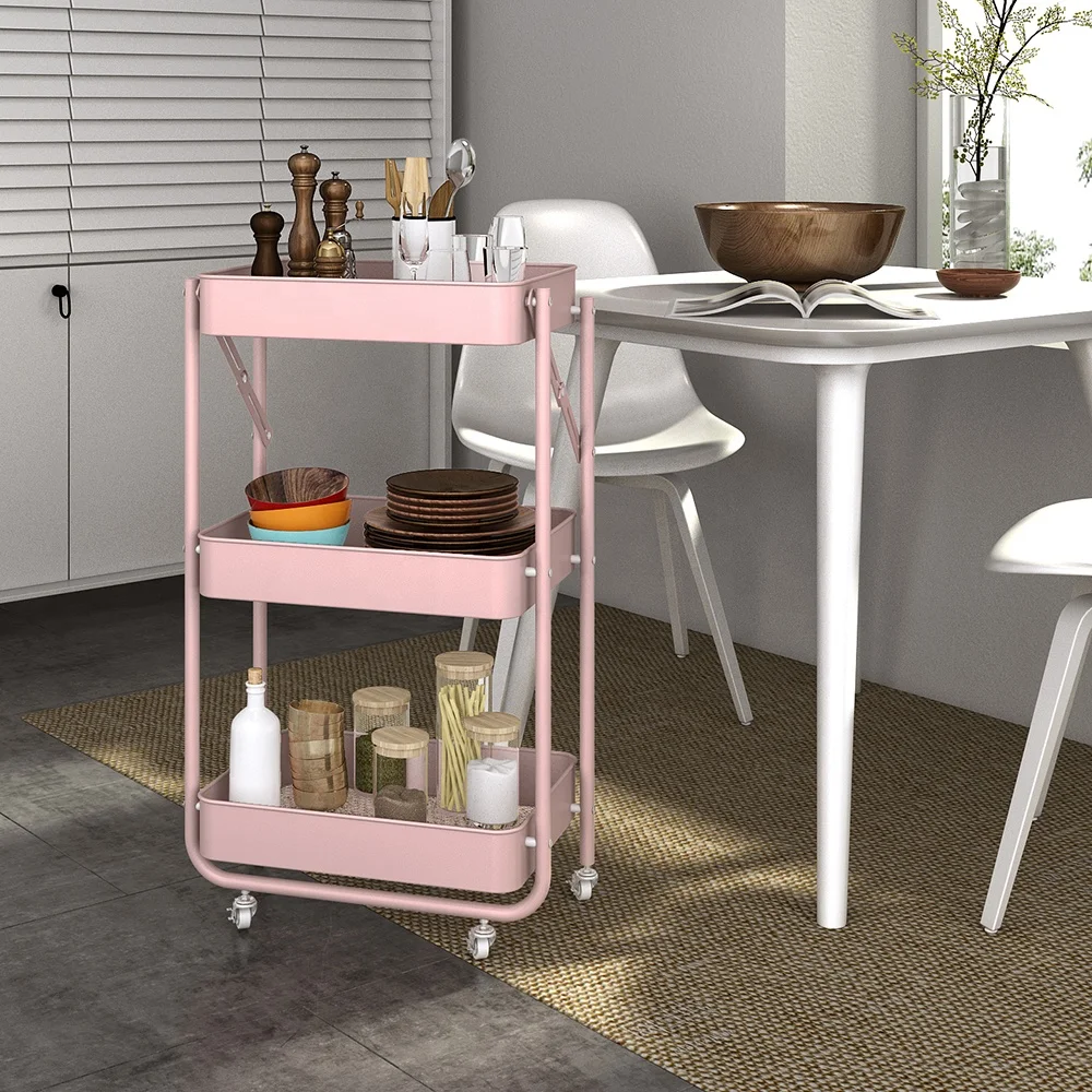 Modern Metal Folding Storage Kitchen Rack Storage Foldable Kitchen Trolley With Wheels