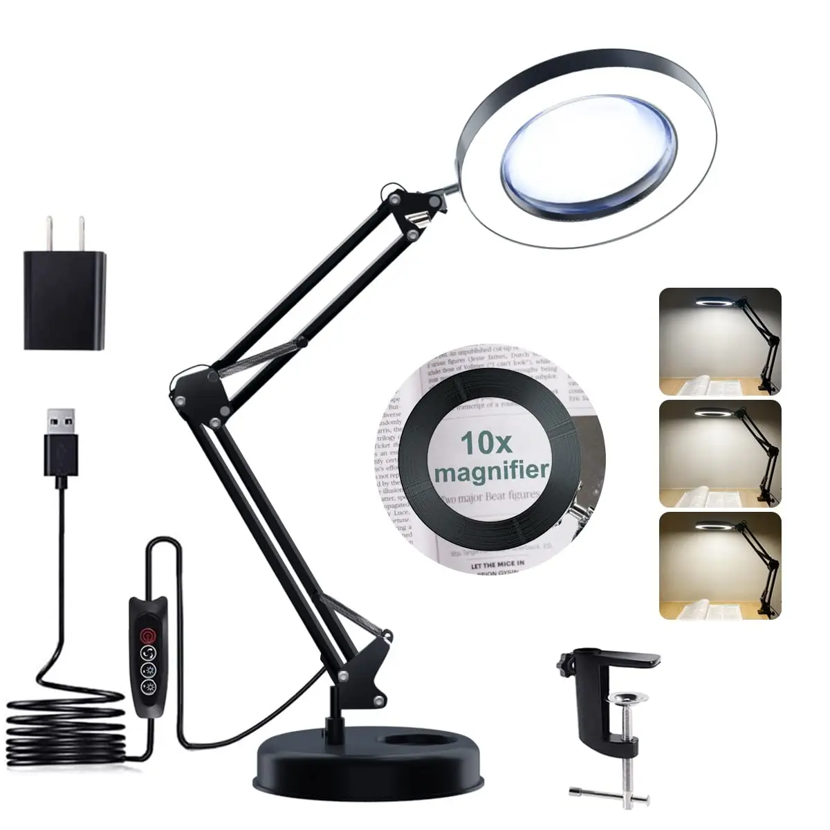 Bench magnifying glass with light 3 color modes stepless dimmable process light for close work reading maintenance