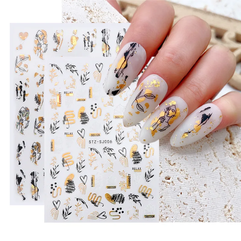 3D Bohemia Black Line Flowers Letter Desgin Self-Adhesive Nail Art Stickers Nail Transfer Sliders Wraps Manicures Foils DIY