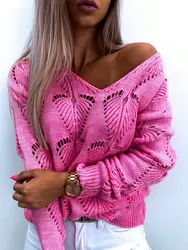 Fashion Women Autumn Winter Sweaters Hollow Out Design See Throough V-Neck Long Sleeve Solid Color Casual Loose Knitted Top