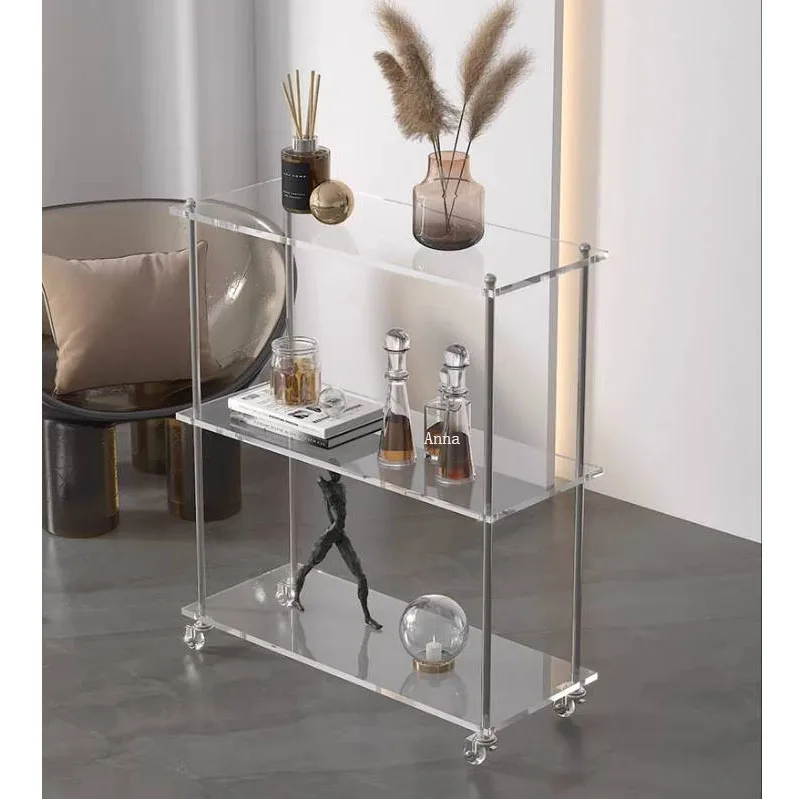 New Customized Assembly 3 Tiers Acrylic Rolling Side Table  End Table with Lockable Wheels