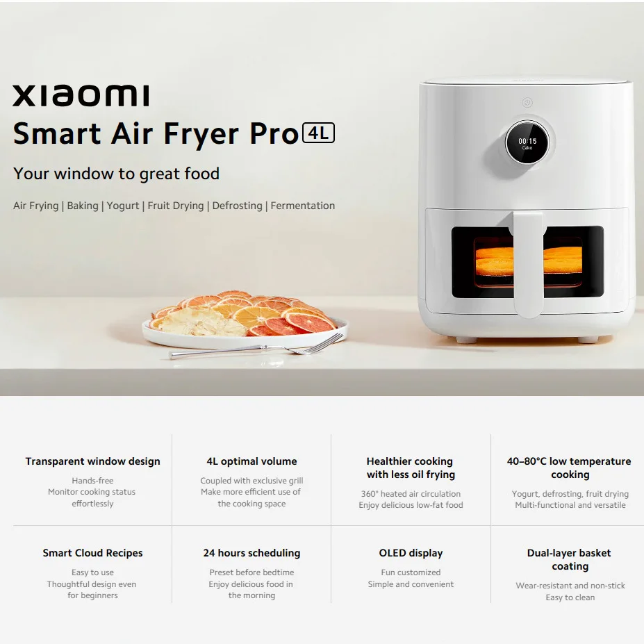 Xiaomi Mijia Mi Smart Air Fryer Pro 4L Cooking Window Nonstick Coating No-Oil Frying 24H Intelligent Appointment OLED Screen